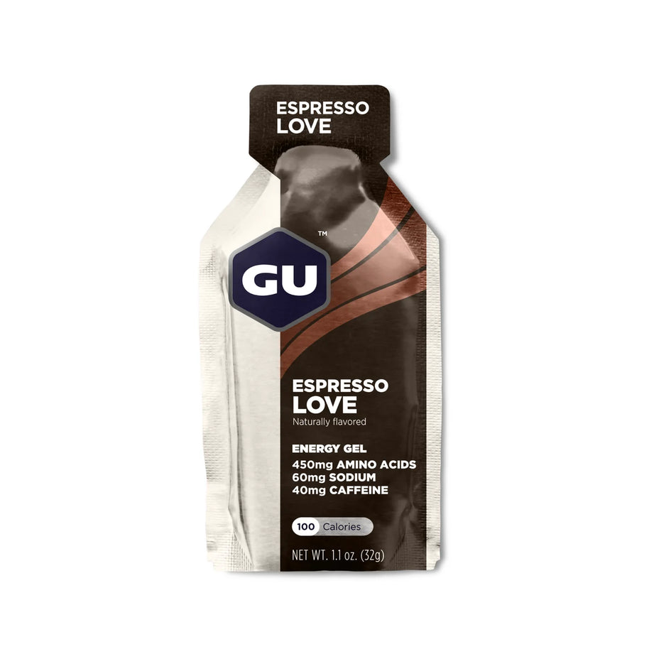 Original Energy Gel by GU Energy in brown and beige, espresso flavor, quick energy with amino acids and caffeine for running and outdoor use