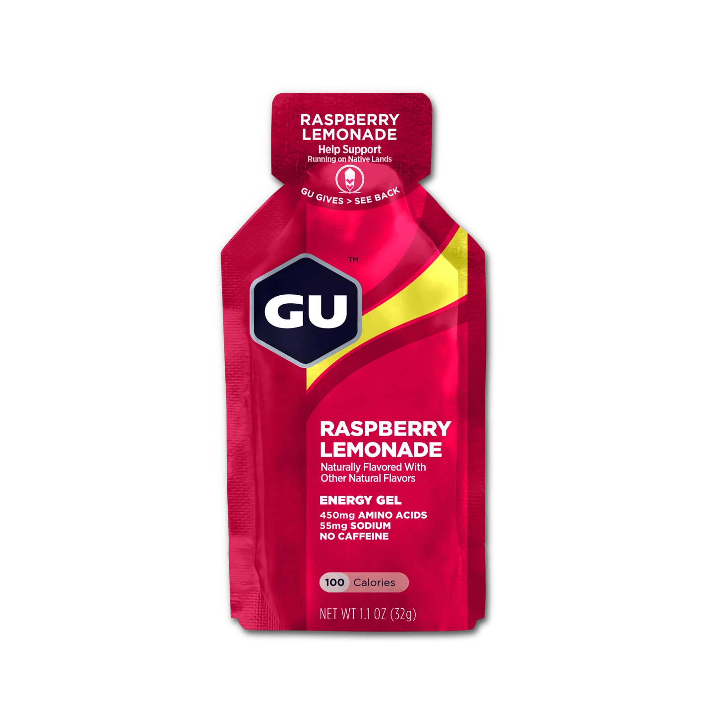 Original Energy Gel Raspberry Lemonade by GU Energy in red and yellow, quick energy gel with amino acids and no caffeine for running and endurance