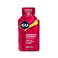Original Energy Gel Raspberry Lemonade by GU Energy in red and yellow, quick energy gel with amino acids and no caffeine for running and endurance