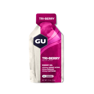 Original Energy Gel tri-berry flavor by GU Energy in purple and white packet with 450mg amino acids, 20mg caffeine for sustained running energy