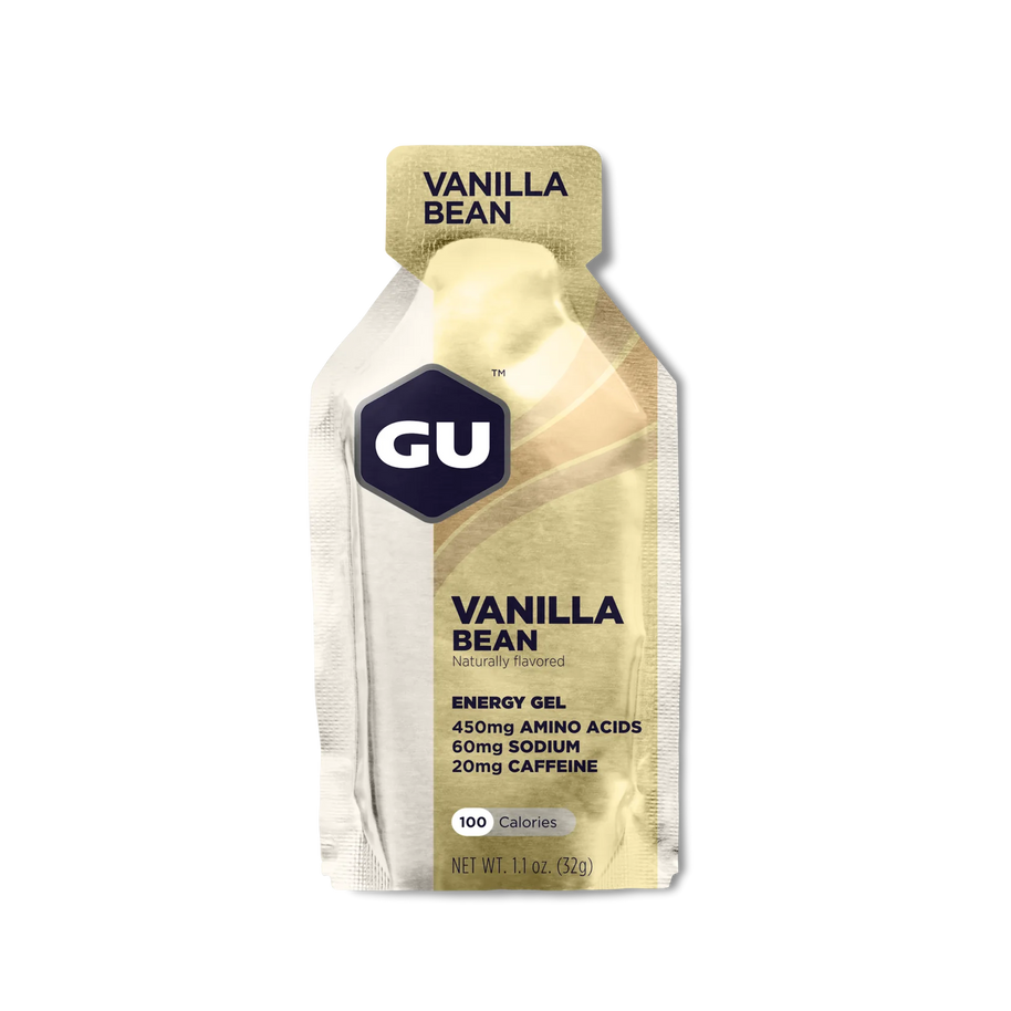 Original Energy Gel Vanilla Bean by GU Energy in beige and white, quick energy gel with amino acids, sodium, and caffeine for running and endurance