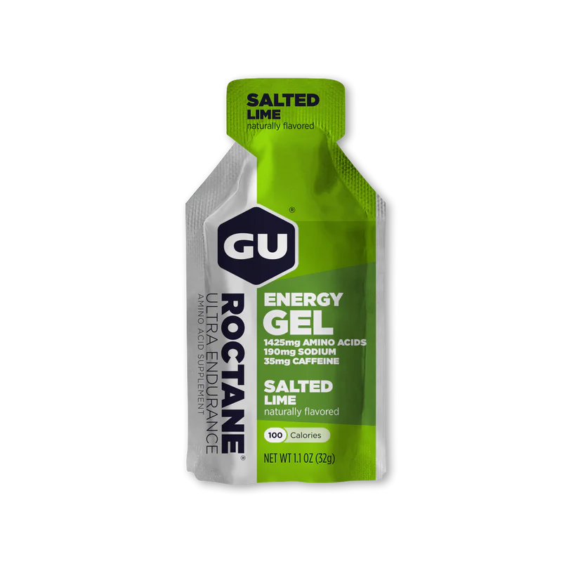 Roctane Energy Gel Salted Lime by GU Energy in green and silver, high electrolyte, amino acid gel for endurance and hydration