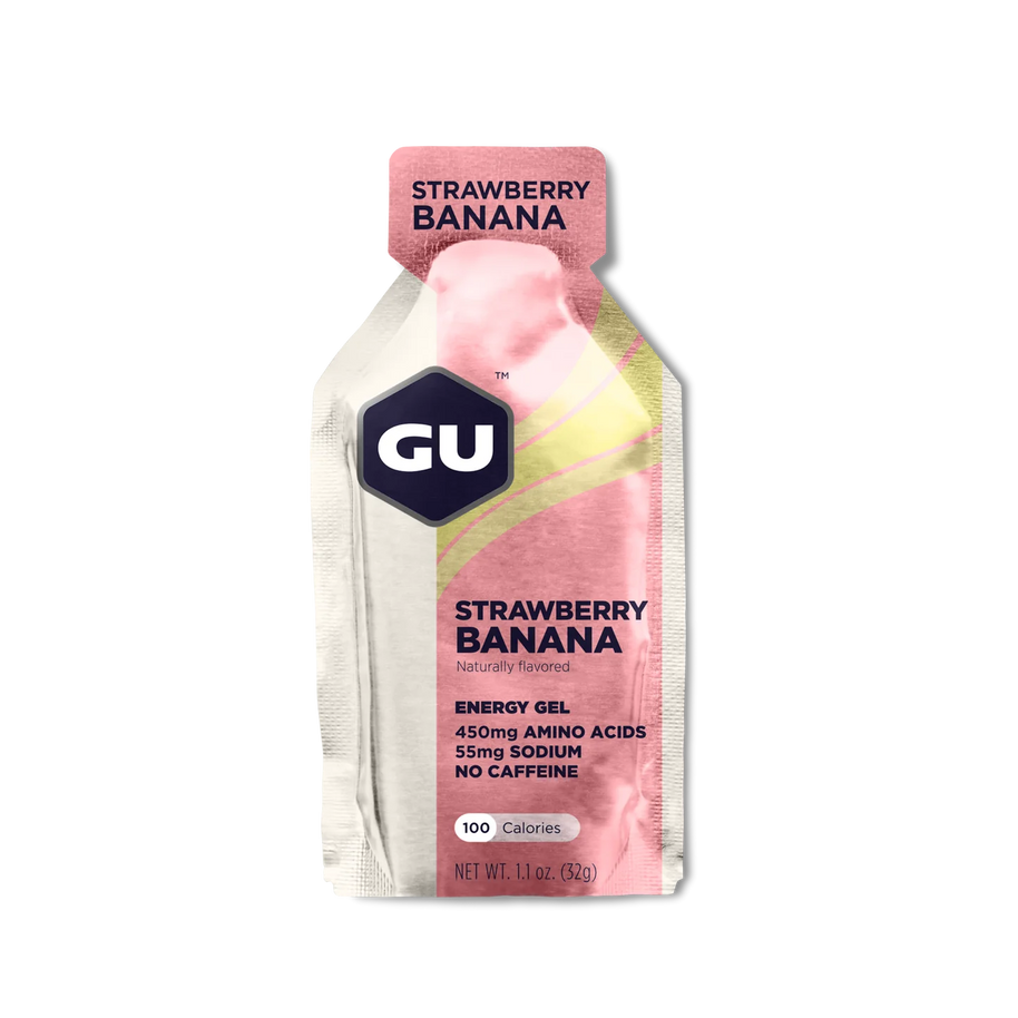 Original Energy Gel by GU Energy in strawberry banana, quick energy gel with 450mg amino acids and no caffeine for running and outdoor use