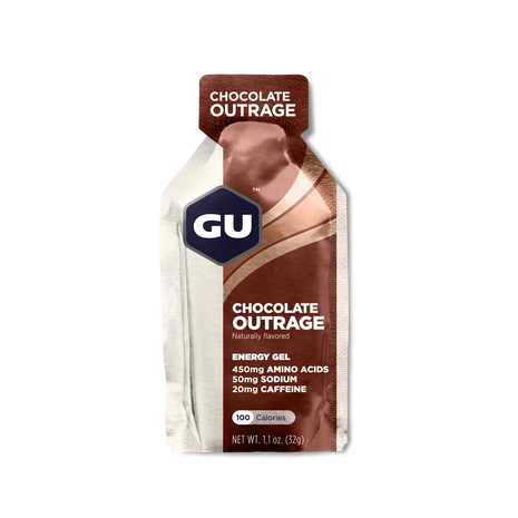 Original Energy Gel by GU Energy in chocolate outrage flavor, quick energy pack with amino acids and caffeine for running and sports