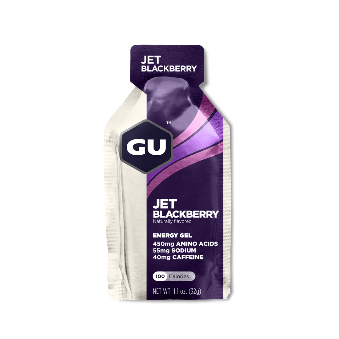 Original Energy Gel by GU Energy in Jet Blackberry purple and white, quick energy gel with amino acids and caffeine for running and outdoor use