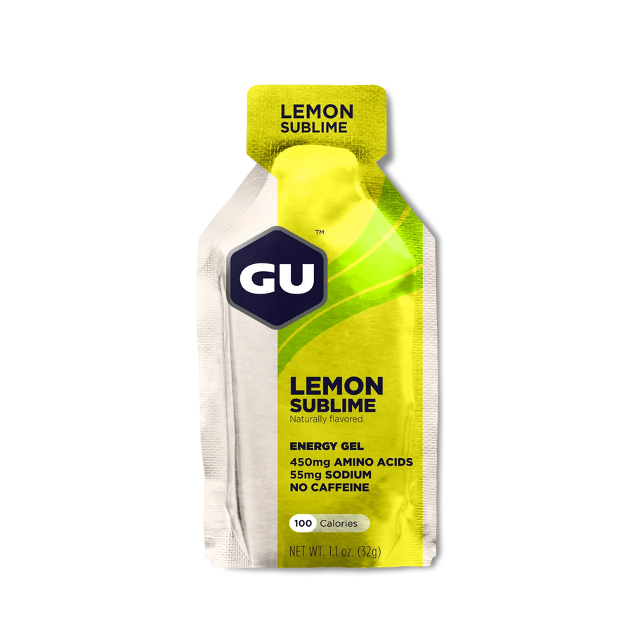 Original Energy Gel by GU Energy in lemon sublime, quick energy gel with amino acids and no caffeine for running and outdoor activities