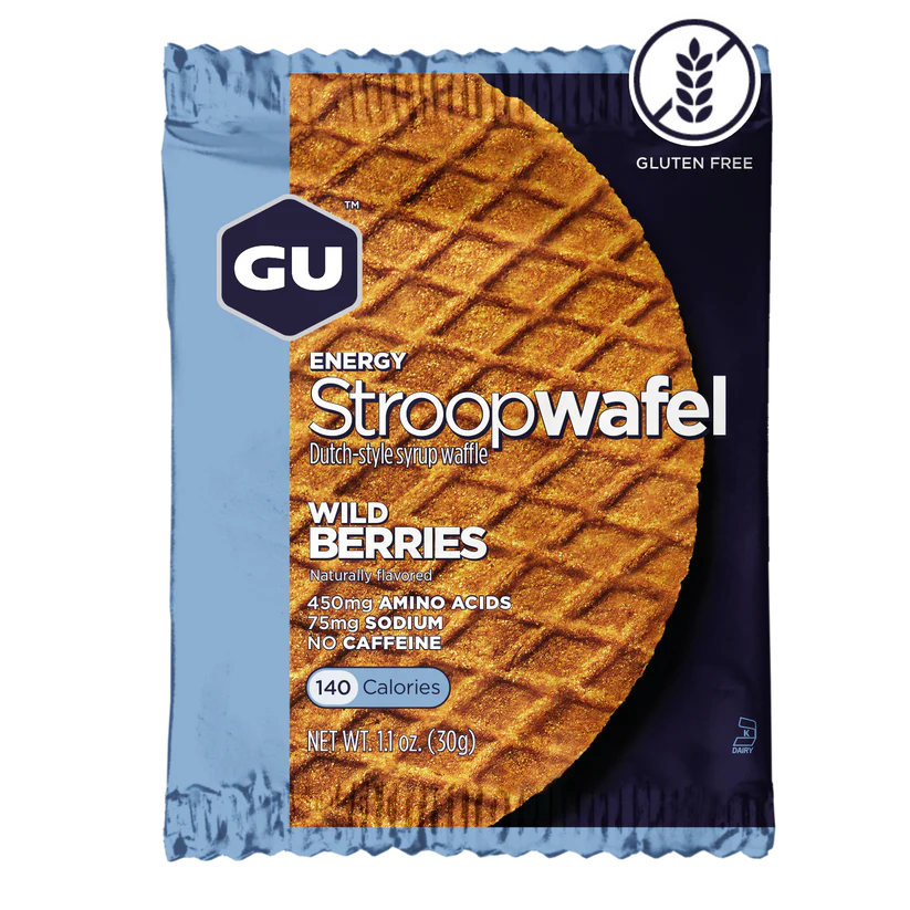 Energy Stroopwafel Wild Berries by GU Energy in blue packaging, gluten-free syrup-filled wafer for pre-workout energy and nutrition