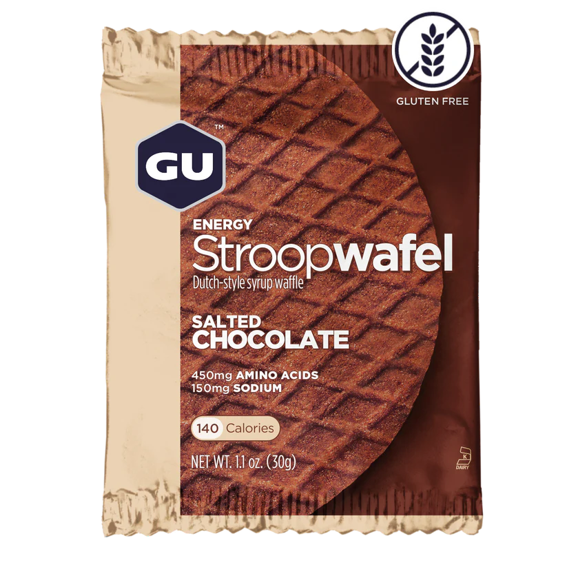 Energy Stroopwafel Salted Chocolate by GU Energy, gluten-free syrup waffle with amino acids and sodium for pre or during workout fuel