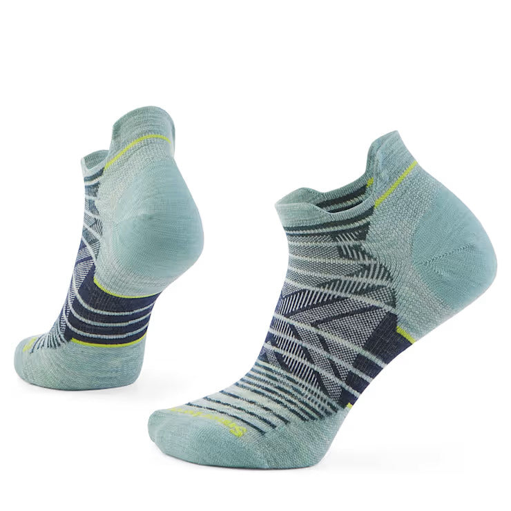 Run Zero Cushion Stripe Low Ankle Socks - Women by SmartWool in blue and grey with breathable mesh and seamless toe for running comfort