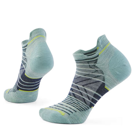 Run Zero Cushion Stripe Low Ankle Socks - Women by SmartWool in blue and grey with breathable mesh and seamless toe for running comfort