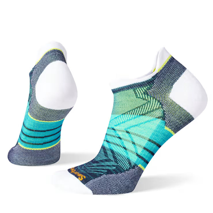 Run Zero Cushion Stripe Low Ankle Socks - Women by SmartWool in turquoise and white with breathable mesh and seamless toe for running comfort