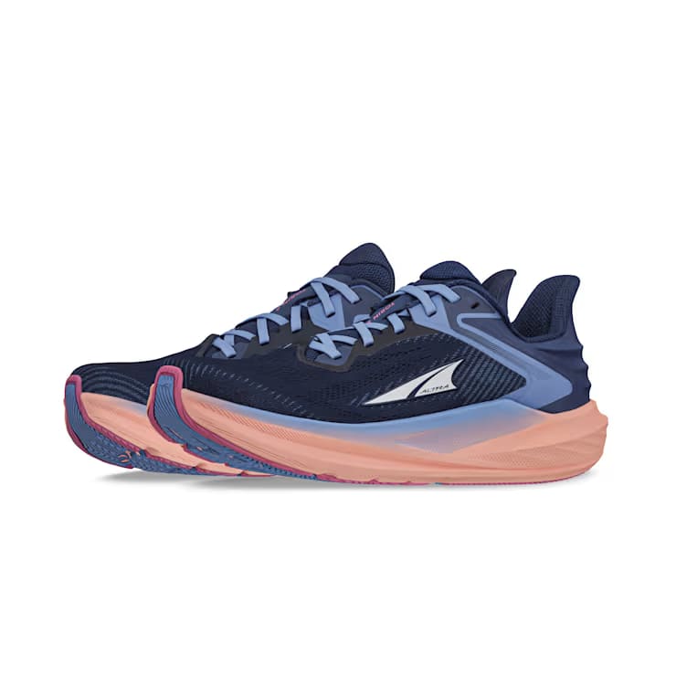 Torin 8 - Women by Altra Footwear in navy blue and peach with roomy toe box, zero drop, soft underfoot feel for comfortable road running