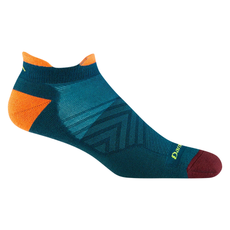 Run No Show Tab Ultra-Lightweight w/Cushion Running Sock - Men by Darn Tough in teal, orange, and burgundy with Merino wool for blister protection and sweat-wicking.