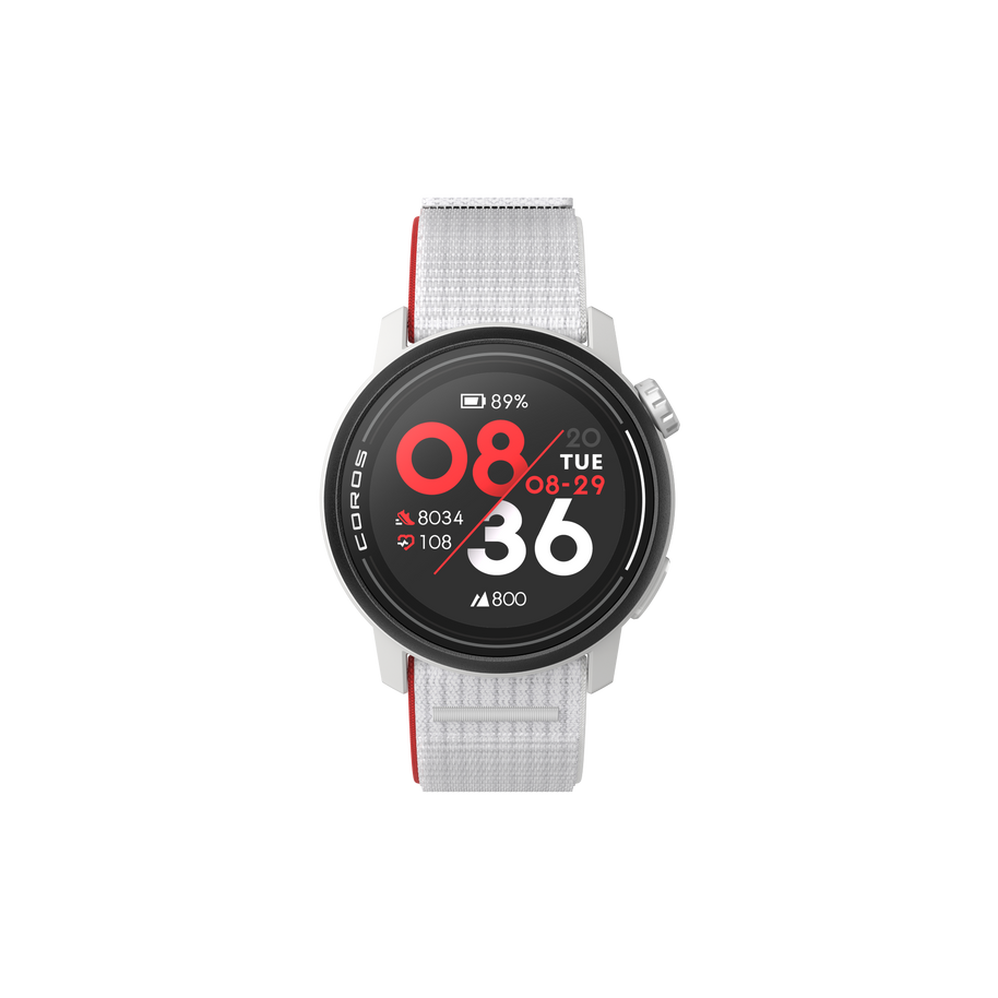 PACE 3 GPS Sport Watch by Coros in white and red, lightweight with advanced training and recovery tracking for running and fitness