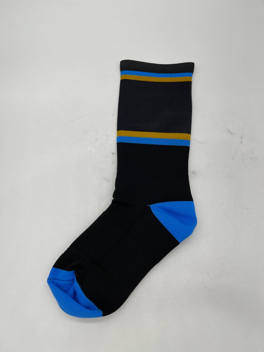 Run to Beer Socks by Outway in black with blue and gold stripes, comfortable running socks supporting Cumberland trail maintenance