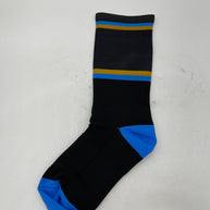 Run to Beer Socks by Outway in black with blue and gold stripes, comfortable running socks supporting Cumberland trail maintenance