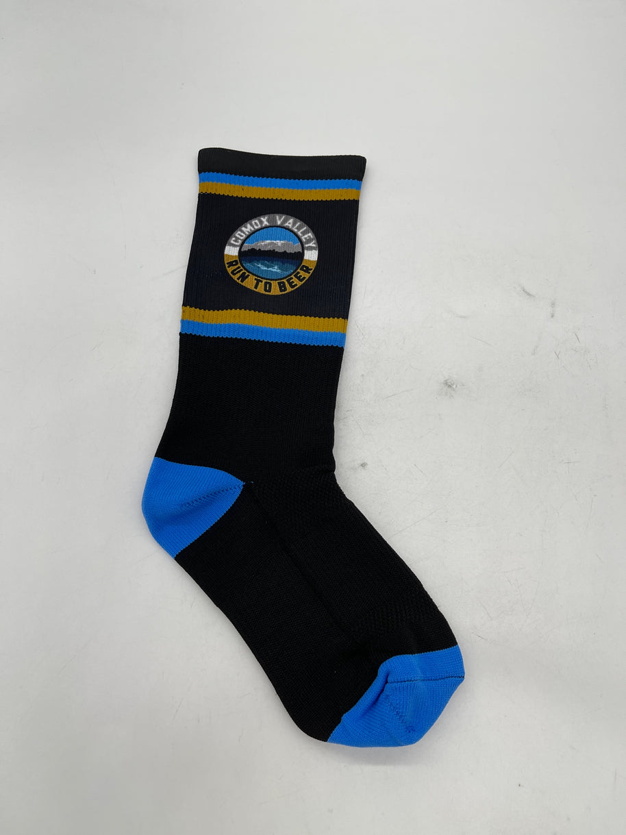 Run to Beer Socks by Outway in black with blue and gold stripes, durable running socks supporting trail maintenance in Canada.