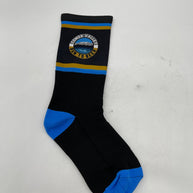 Run to Beer Socks by Outway in black with blue and gold stripes, durable running socks supporting trail maintenance in Canada.