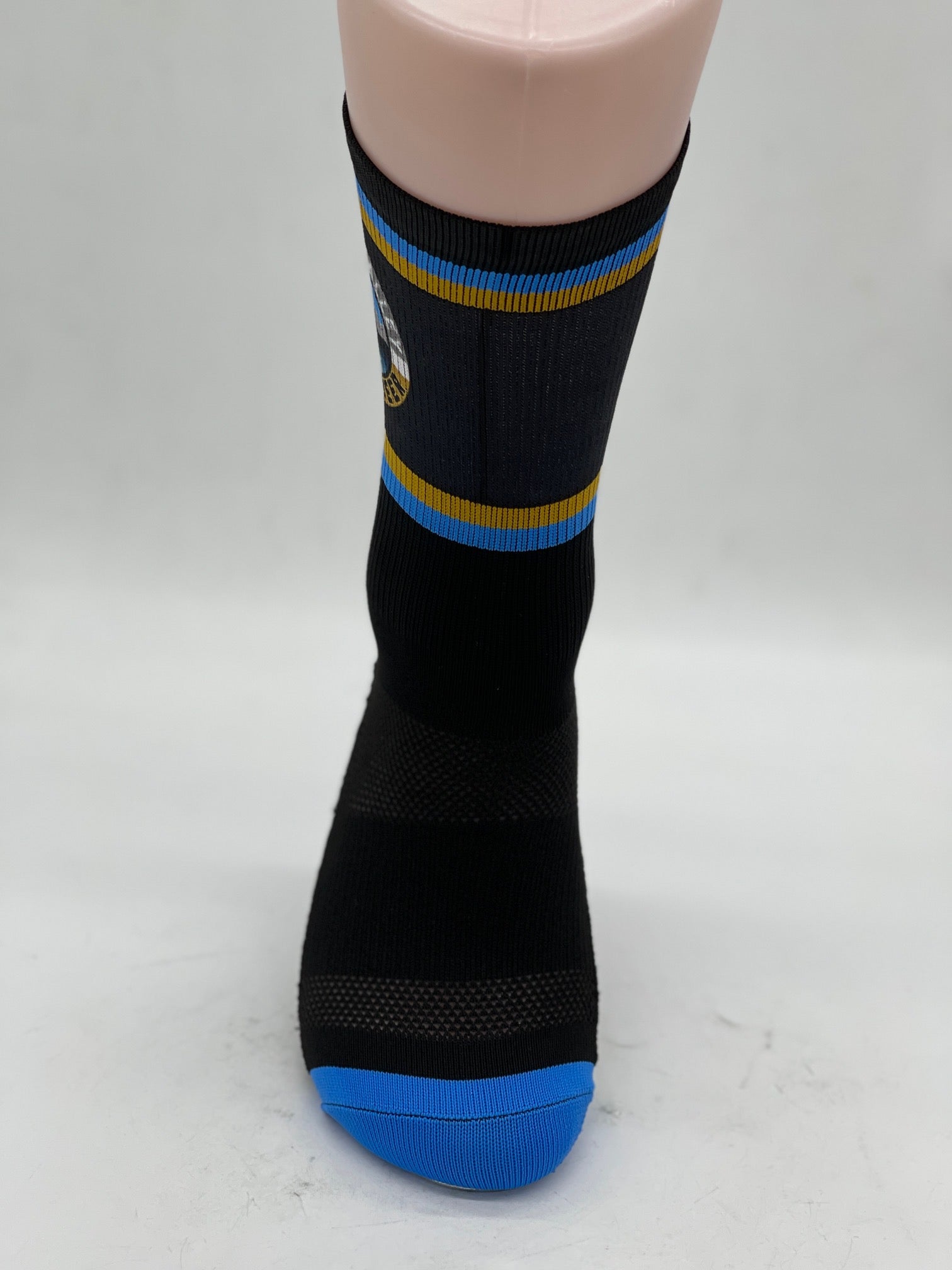 Run to Beer Socks by Outway in black with blue and yellow stripes, breathable and supportive socks for running and trail use.