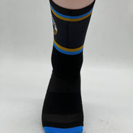 Run to Beer Socks by Outway in black with blue and yellow stripes, breathable and supportive socks for running and trail use.