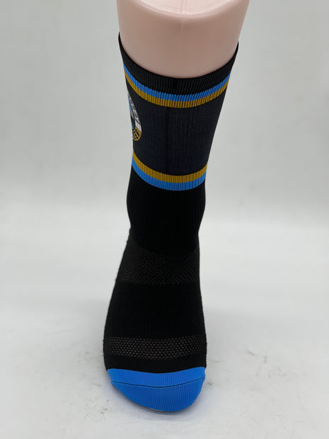 Run to Beer Socks by Outway in black with blue and yellow stripes, breathable and supportive socks for running and trail use.