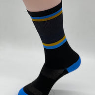 Run to Beer Socks by Outway in black with blue and gold stripes, breathable socks supporting trail maintenance by United Riders