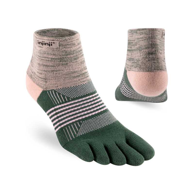 Trail Midweight Mini-Crew - Women by Injinji in green and pink cushioned toesock designed for running and hiking on uneven trails