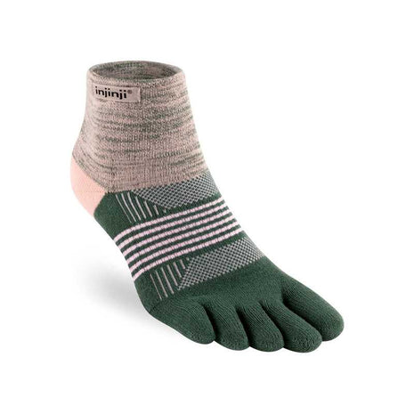 Trail Midweight Mini-Crew - Women by Injinji in green, pink, and grey cushioned toesock for running and hiking on uneven trails