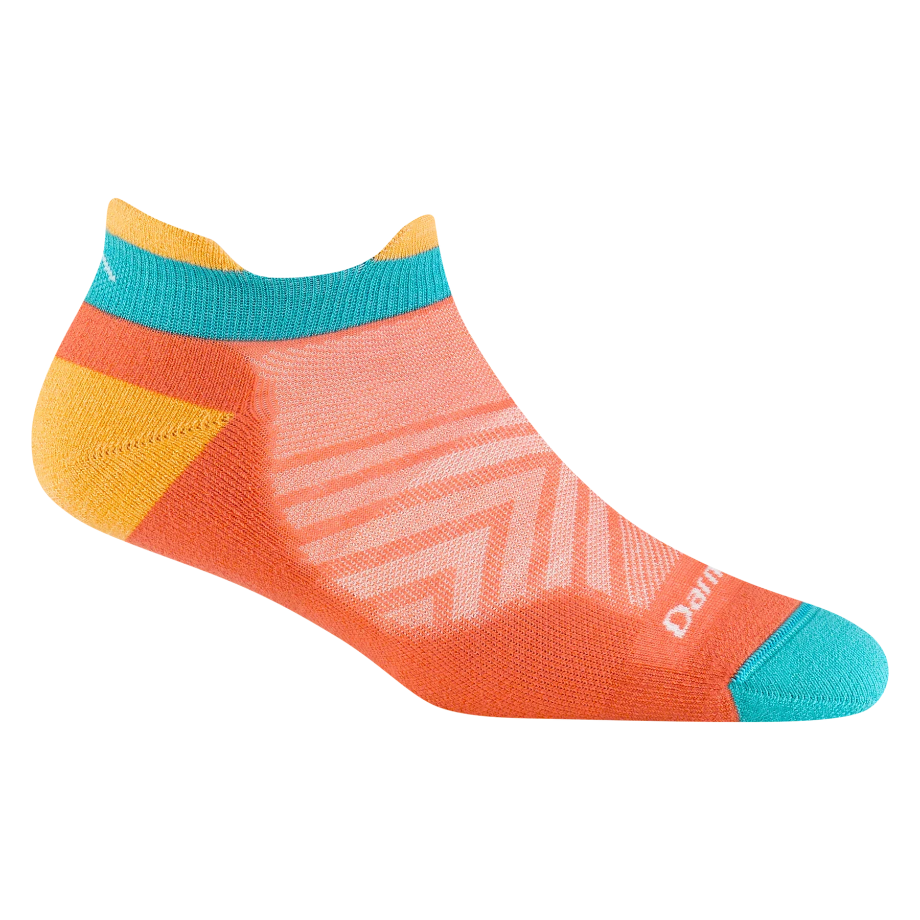 Run No Show Tab Ultra-Lightweight w/Cushion Running Sock - Women by Darn Tough in orange, teal, and yellow with Merino wool for blister protection and sweat-wicking