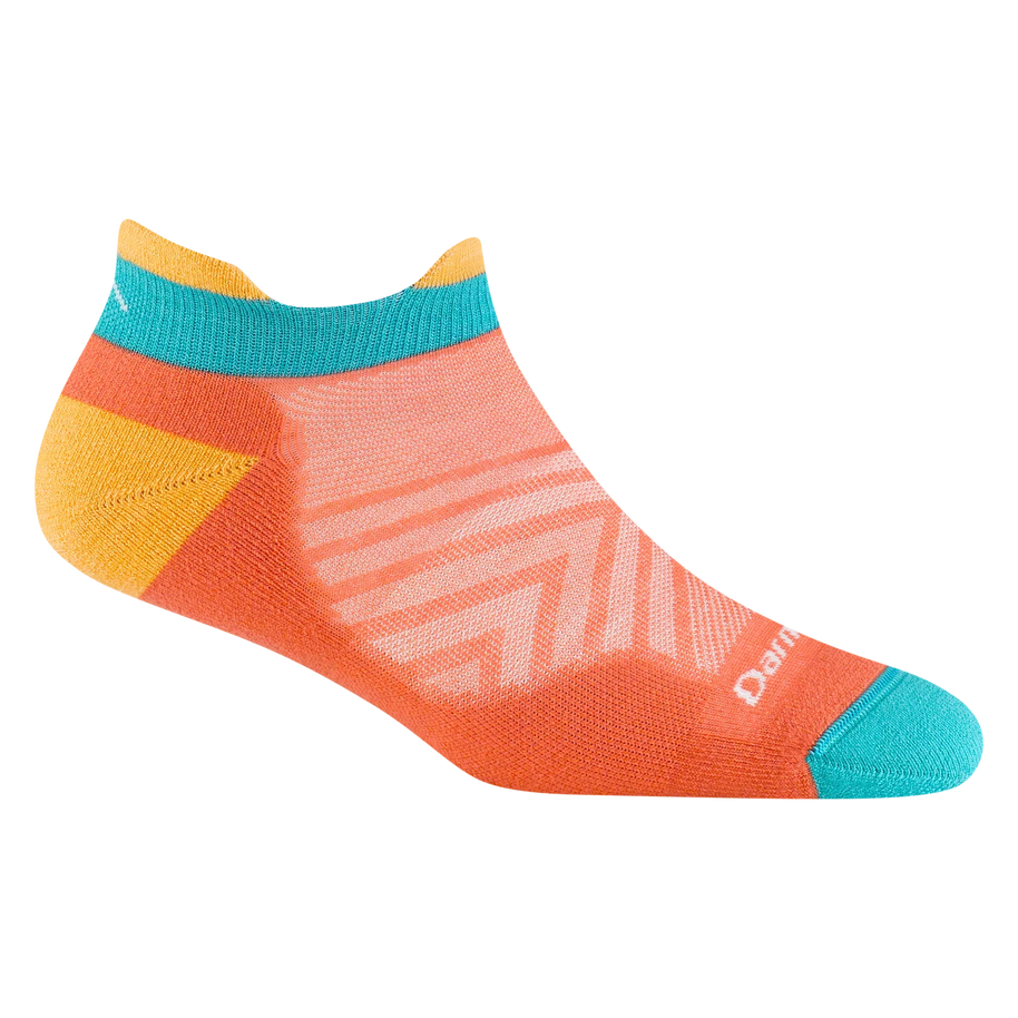 Run No Show Tab Ultra-Lightweight w/Cushion Running Sock - Women by Darn Tough in orange, teal, and yellow with Merino wool for blister protection and sweat-wicking