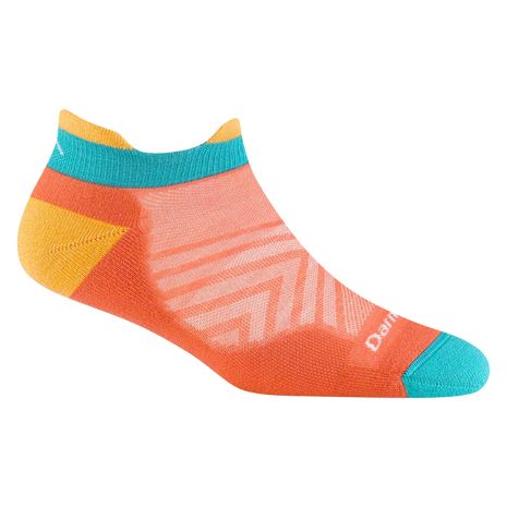 Run No Show Tab Ultra-Lightweight w/Cushion Running Sock - Women by Darn Tough in orange, teal, and yellow with Merino wool for blister protection and sweat-wicking