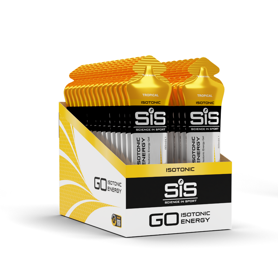 Open display box of Science In Sport Go Isotonic Energy Gel Tropical packets in yellow packaging