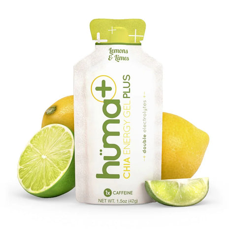 Chia Plus Energy Gel - Lemon ­Lime by Huma in white and green, energy gel with double electrolytes and caffeine for endurance running and nutrition