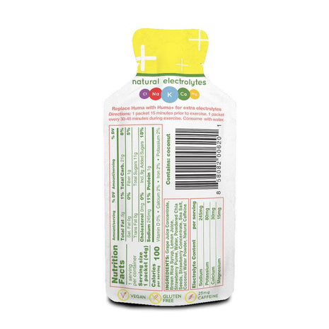 Chia Plus Energy Gel - Strawberry Lemonade by Huma in yellow and white, electrolyte-rich gel with added caffeine, vegan and gluten-free for endurance running