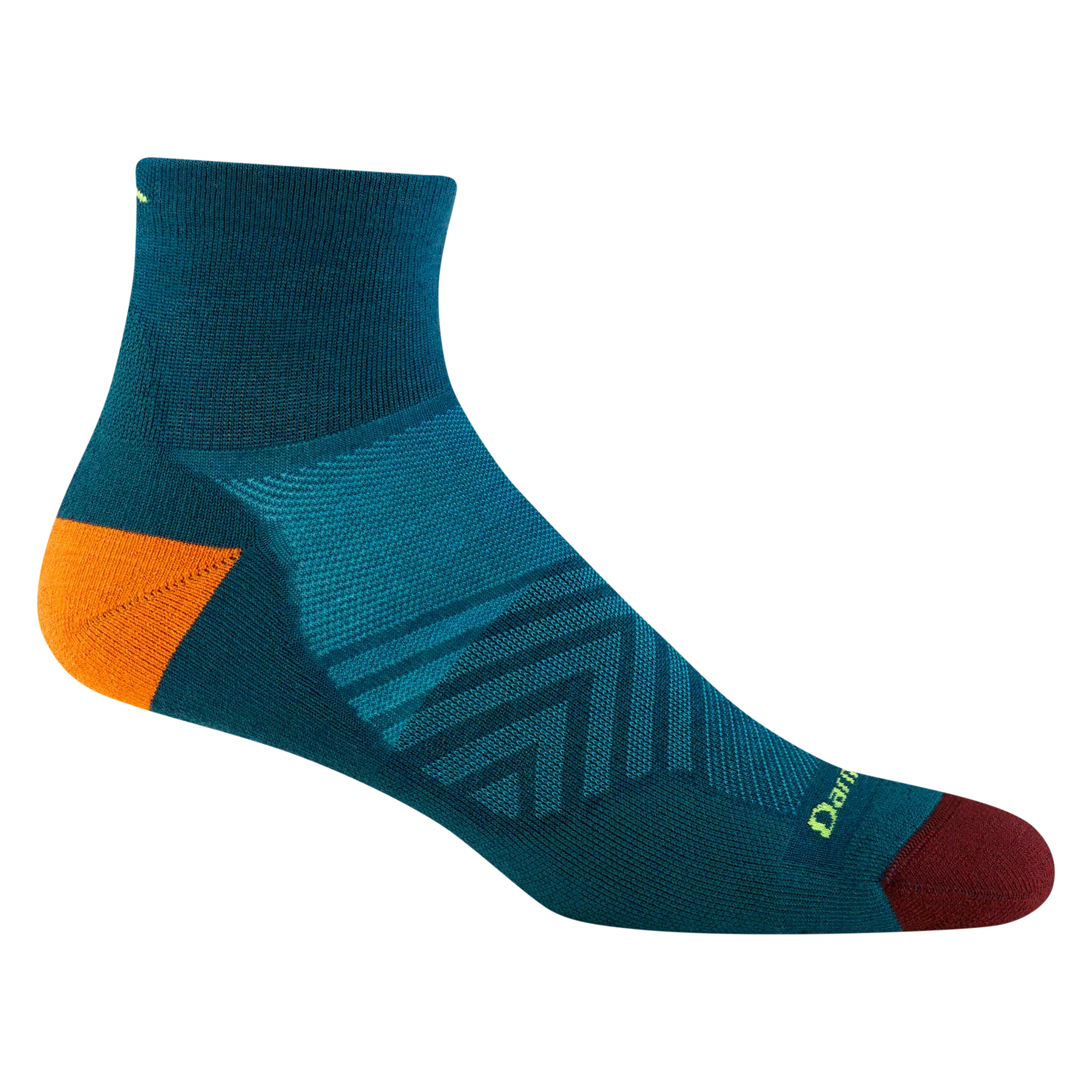 Run Quarter Ultra-Lightweight w/Cushion Running Sock - Men by Darn Tough in teal with orange and burgundy accents, ultra-lightweight with ankle coverage for running and training
