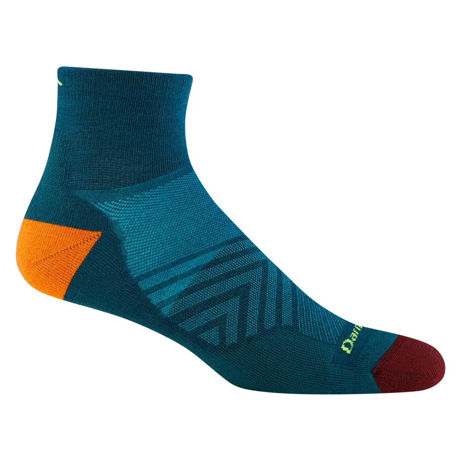 Run Quarter Ultra-Lightweight w/Cushion Running Sock - Men by Darn Tough in teal with orange and burgundy accents, ultra-lightweight with ankle coverage for running and training