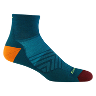 Run Quarter Ultra-Lightweight w/Cushion Running Sock - Men by Darn Tough in teal with orange and burgundy accents, ultra-lightweight with ankle coverage for running and training