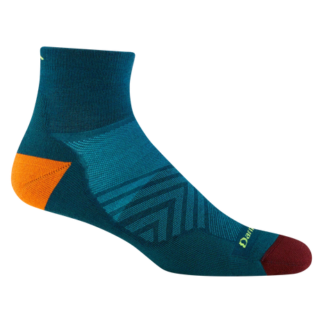 Run Quarter Ultra-Lightweight w/Cushion Running Sock - Men by Darn Tough in teal with orange and burgundy accents, ultra-lightweight with ankle coverage for running and training