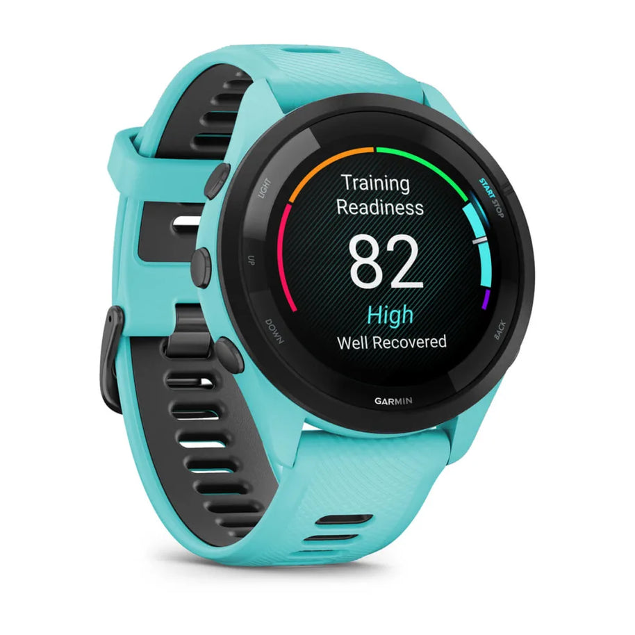 Forerunner® 265 by Garmin in turquoise with AMOLED touchscreen, GPS running smartwatch featuring training readiness for running and outdoor use
