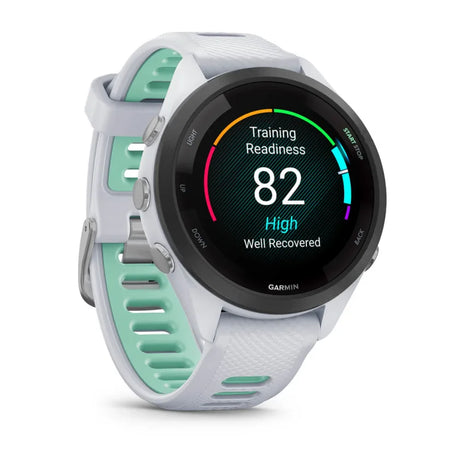 Forerunner® 265S by Garmin in white and mint, GPS running smartwatch with training readiness features for running and fitness tracking