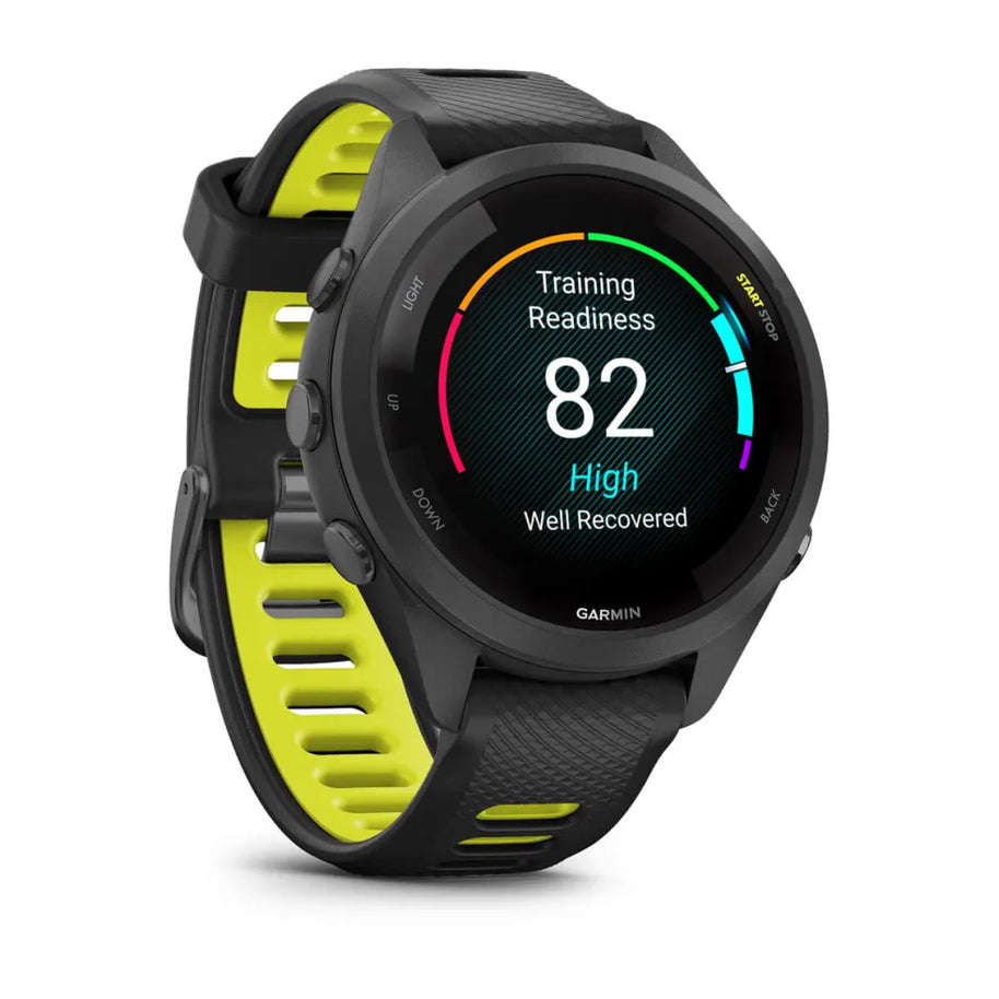 Forerunner® 265S by Garmin in black and neon green, GPS running smartwatch with training readiness and recovery features for runners