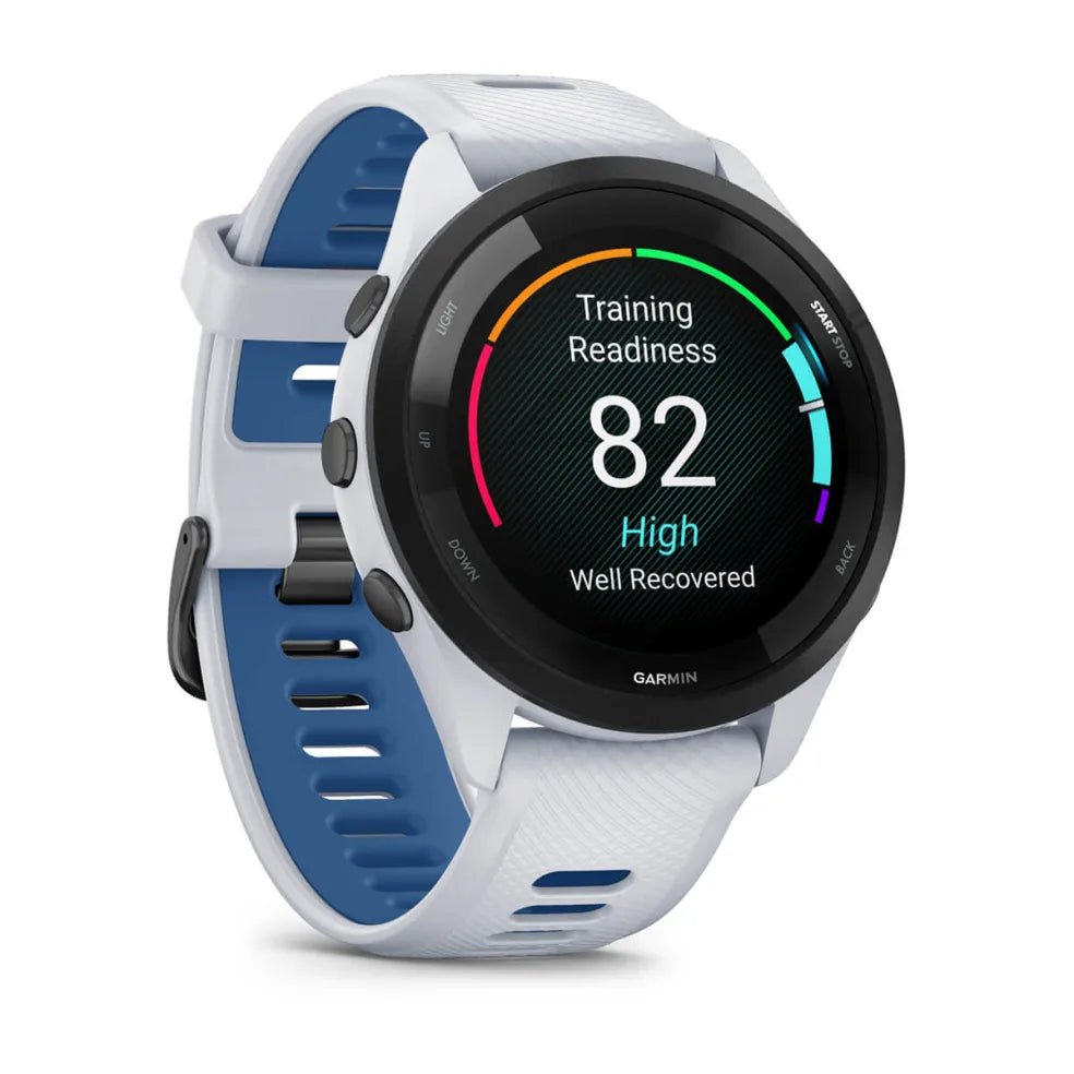 Forerunner® 265 by Garmin in white and blue with colorful AMOLED touchscreen, GPS running smartwatch for training readiness and running store uses