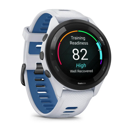 Garmin Forerunner 265 in Whitestone/Tidal Blue, angled view with Training Readiness score on screen