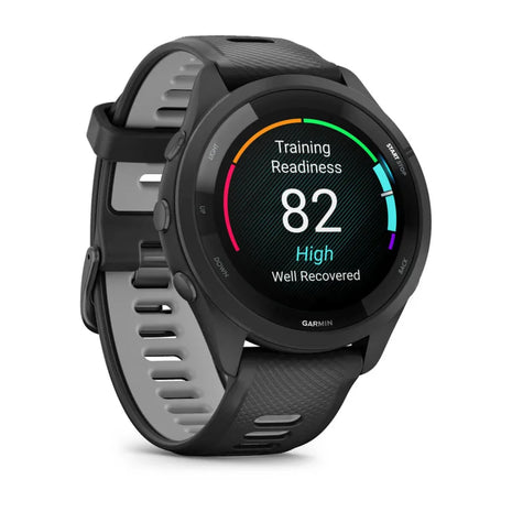 Forerunner® 265 by Garmin in black with colorful AMOLED touchscreen, GPS running smartwatch with training readiness for running and fitness.