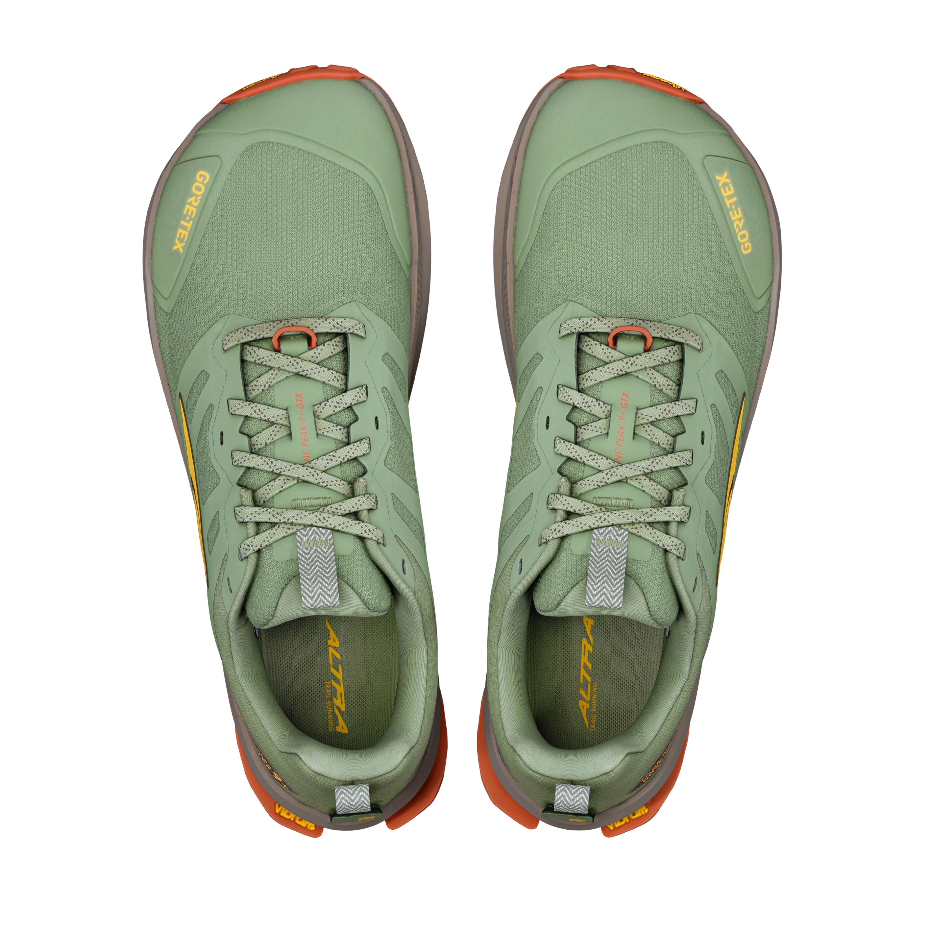 LONE PEAK 9+ GTX - Men by Altra Footwear in green and orange with waterproof GORE-TEX upper and Vibram outsole for trail running and hiking