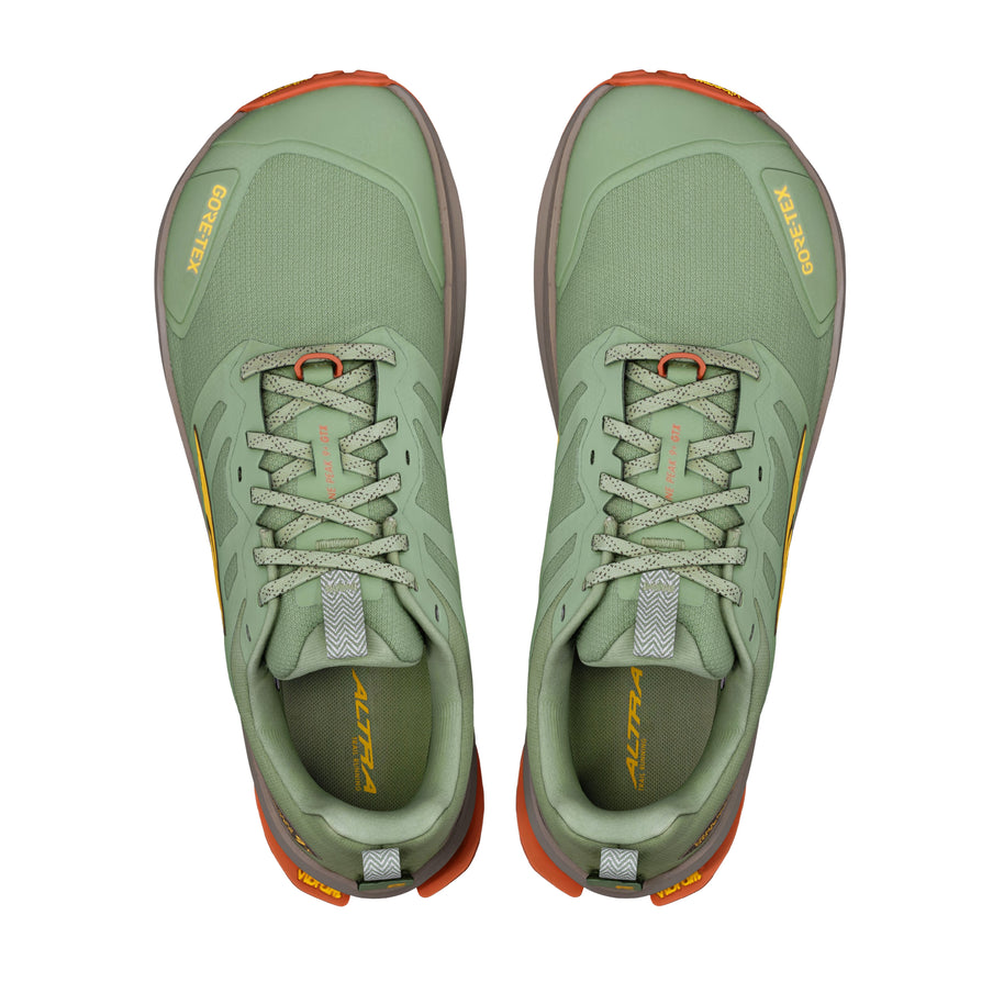 LONE PEAK 9+ GTX - Men by Altra Footwear in green and orange with waterproof GORE-TEX upper and Vibram outsole for trail running and hiking