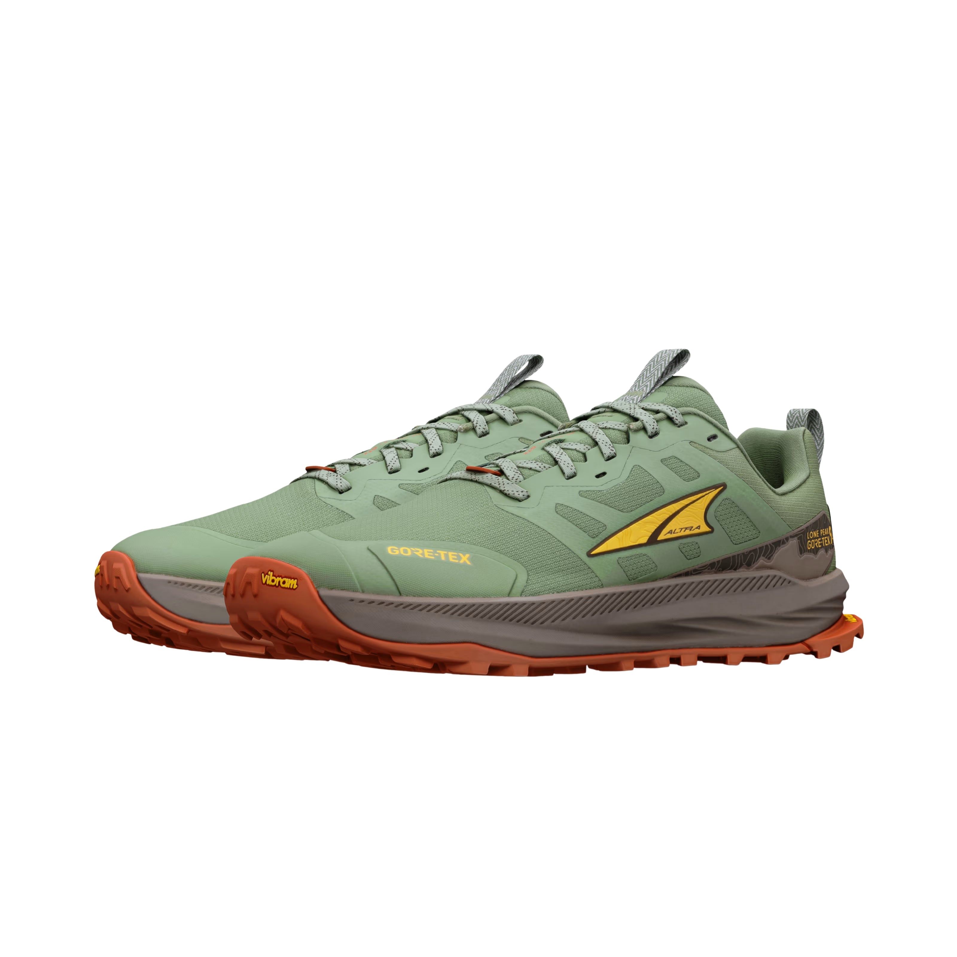 LONE PEAK 9+ GTX - Men by Altra Footwear, green and orange trail shoe with GORE-TEX waterproof upper and Vibram outsole for rugged running