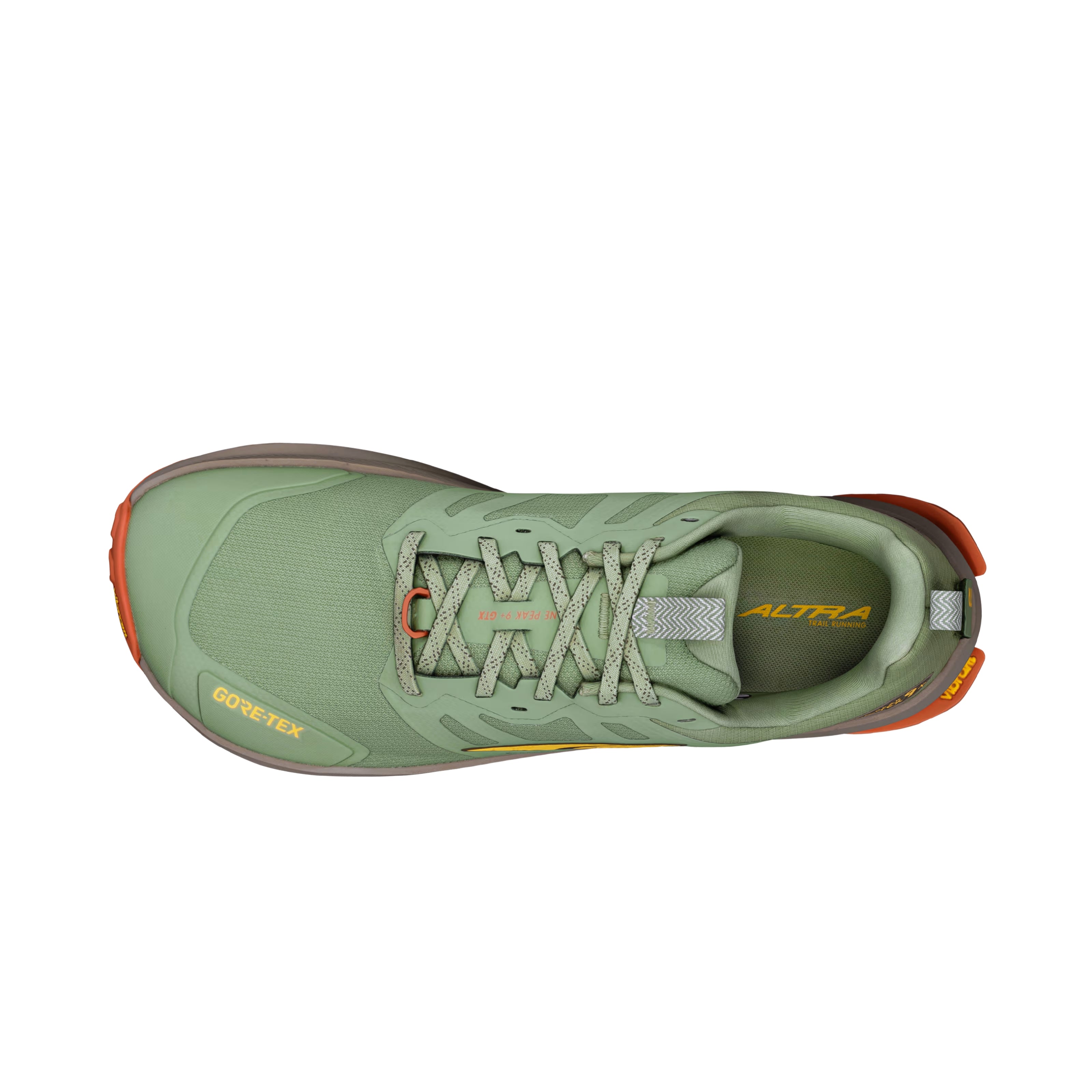 LONE PEAK 9+ GTX - Men by Altra Footwear in green and orange with waterproof GORE-TEX upper and Vibram outsole for trail running and rugged outdoor use