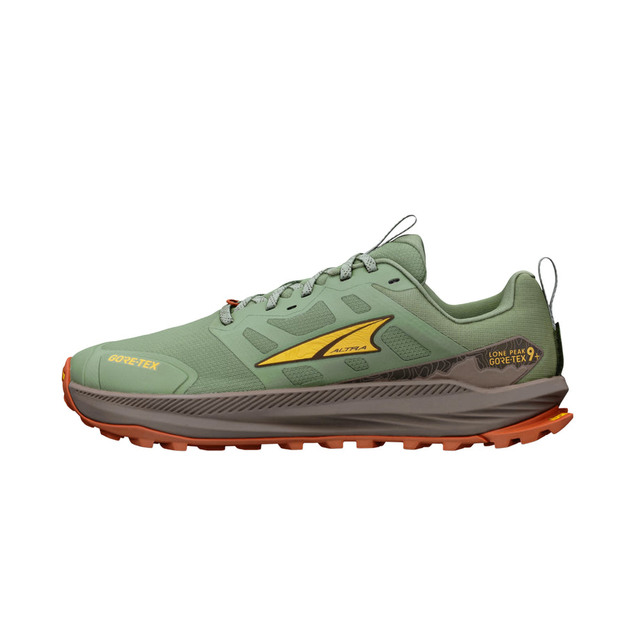 LONE PEAK 9+ GTX - Men by Altra Footwear in green and orange with waterproof GORE-TEX upper and Vibram outsole for trail running and outdoor use