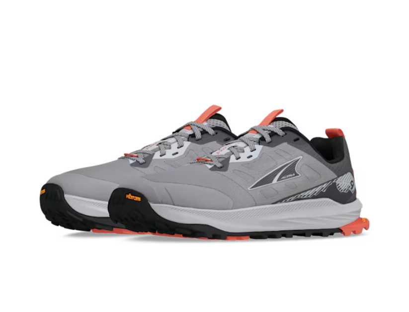 Lone Peak 9+ Wide - Women by Altra Footwear in grey with orange accents, Vibram Megagrip outsole and cushioned midsole for trail running and outdoor use